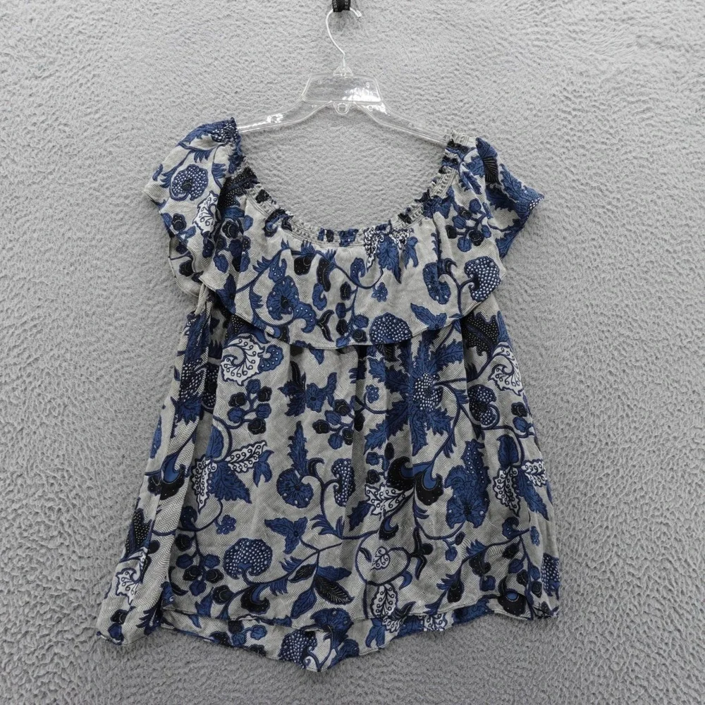 Michael Kors Blouse Size 2X Blue Floral Womens Ruffle‎ Off Shoulder Peasant Top